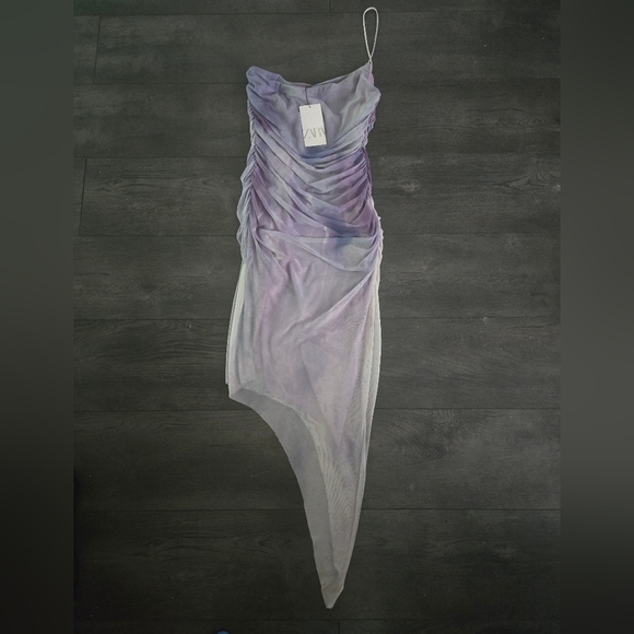 Zara Purple Ombré Ruched Mesh Asymmetrical Dress L Y2K - Picture 2 of 10
